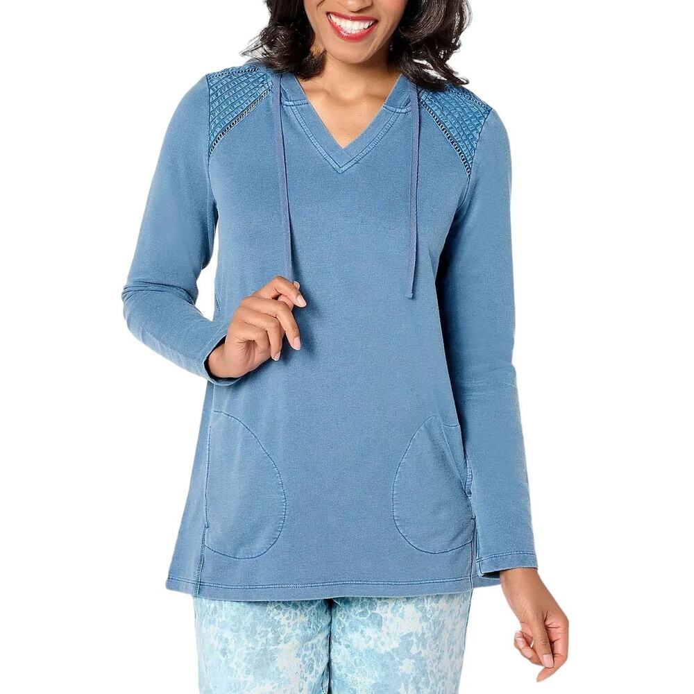 Logo Life By Lori Goldstein Womens Blue‎ Pintuck Trim French Terry Hoodie Size S